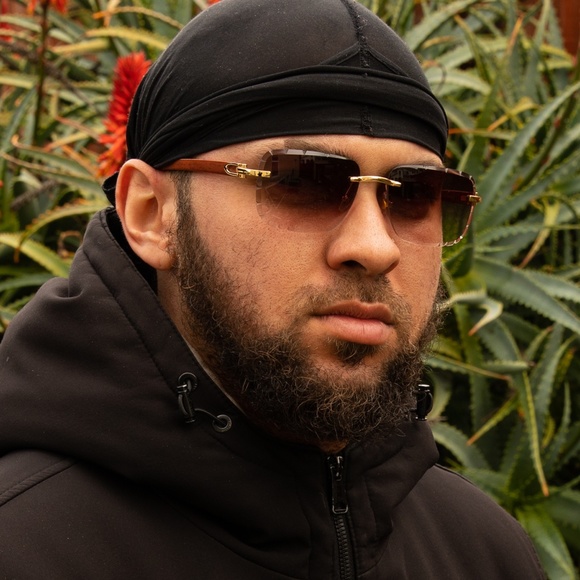 Woodgrain Burgundy Tint Rimless Gold Frame Mens Gem Cut Retro Fashion Sunglasses - Picture 5 of 5